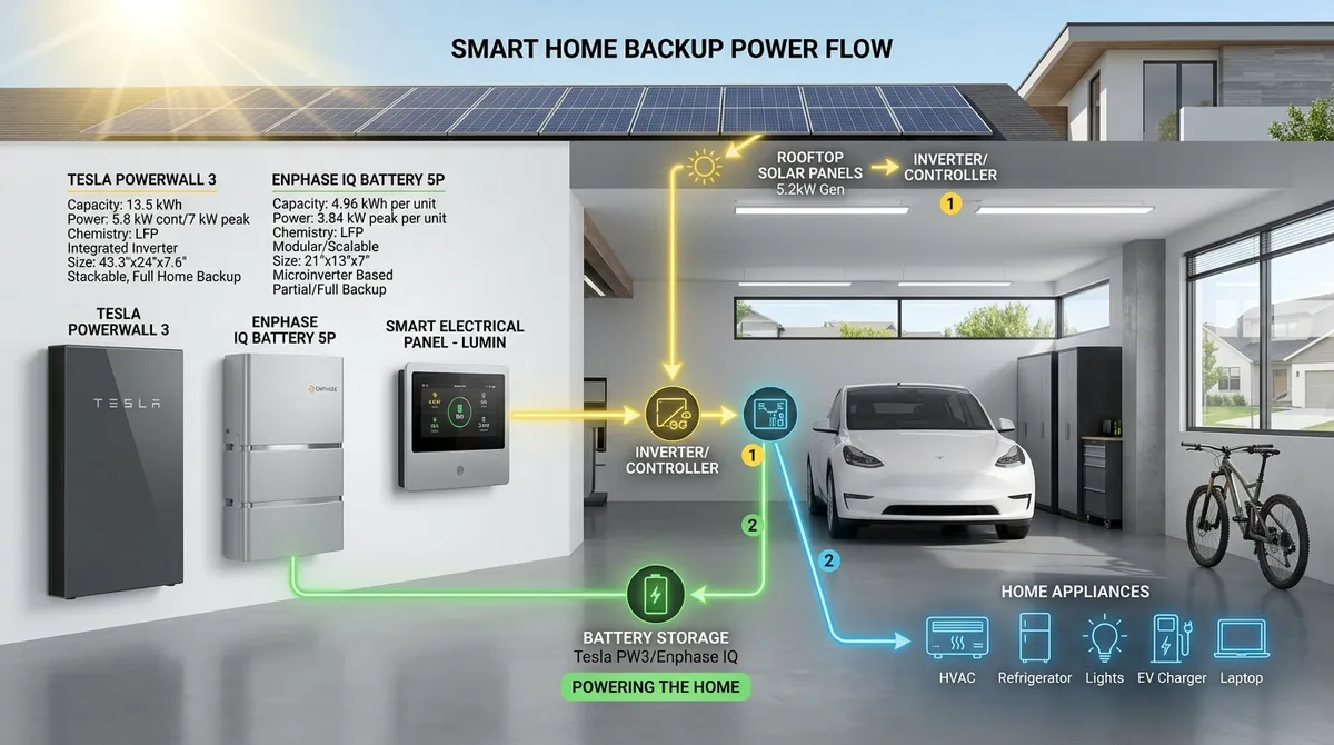 Smart home backup power flow comparison featuring Tesla Powerwall 3 and Enphase IQ battery connected to solar panels and smart load panel