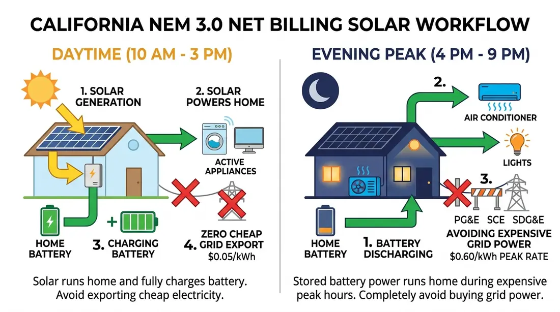 California NEM 3.0 Net Billing Solar Workflow: Daytime Solar Generation Powers Home and Charges Battery, Evening Peak Discharges Battery and Avoids 60-cent Utility Rates