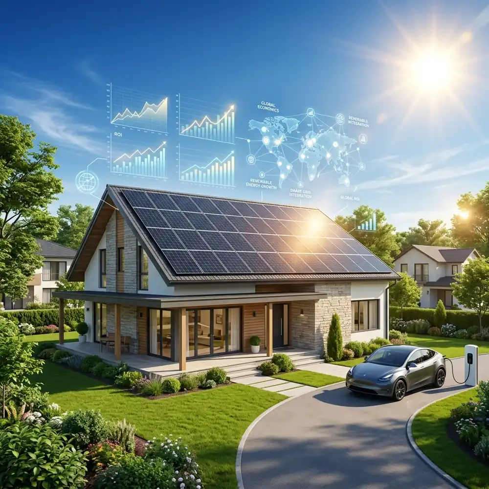 Suburban home with modern rooftop solar panels integrated with smart grid economics and ROI analytics
