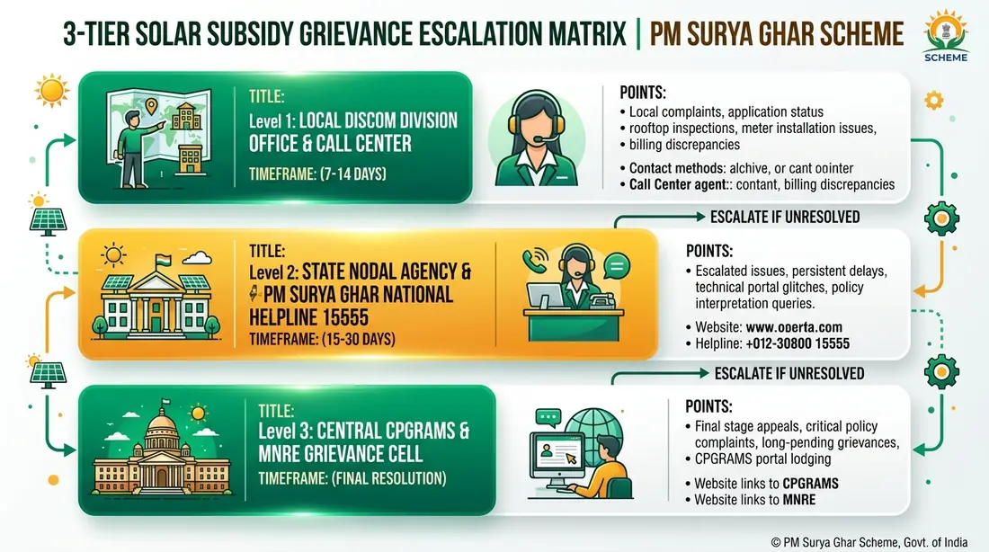3-Tier Solar Subsidy Grievance Escalation Matrix for PM Surya Ghar Scheme covering Local DISCOM, State Nodal Agency Helpline 15555, and Central CPGRAMS MNRE Grievance Cell