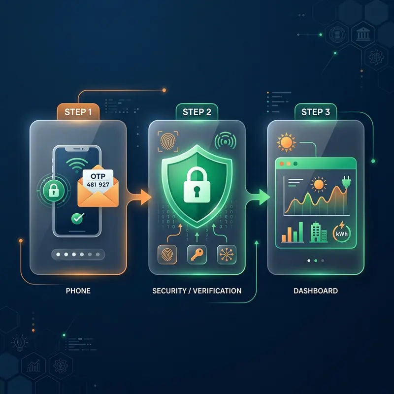 PM Surya Ghar Consumer Login Portal Workflow Diagram showing OTP authentication and dashboard analytics