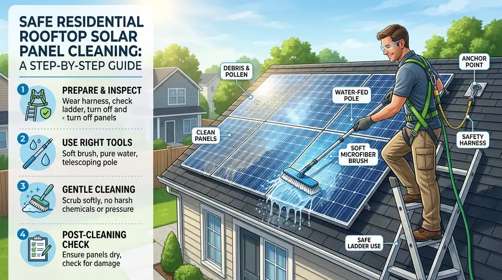 Safe residential rooftop solar panel cleaning step-by-step guide showing water-fed pole and soft microfiber brush