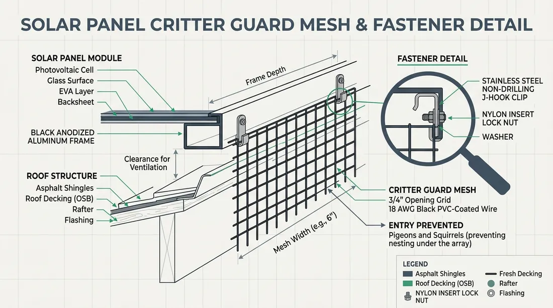 Solar panel critter guard mesh and fastener detail diagram showing non-drilling stainless steel J-hook clip, black PVC-coated wire mesh, and frame clearance