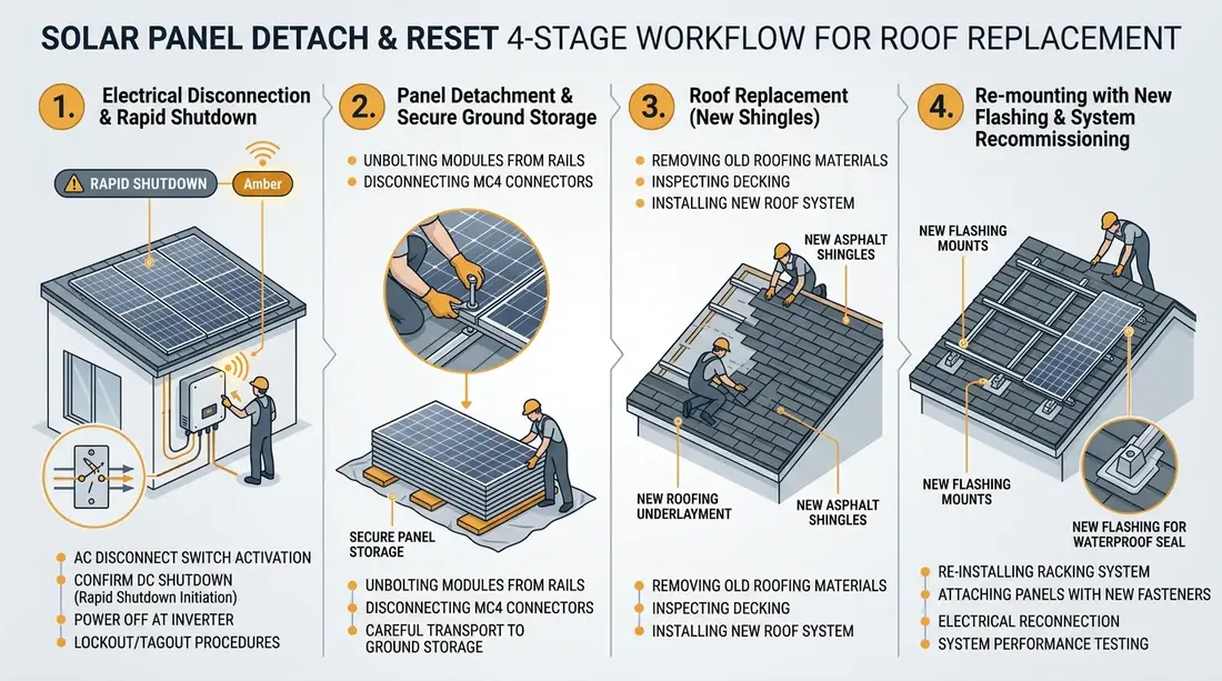 Solar panel detach and reset 4-stage workflow diagram showing electrical disconnection, panel unbolting, roof shingle installation, and re-mounting with new flashing
