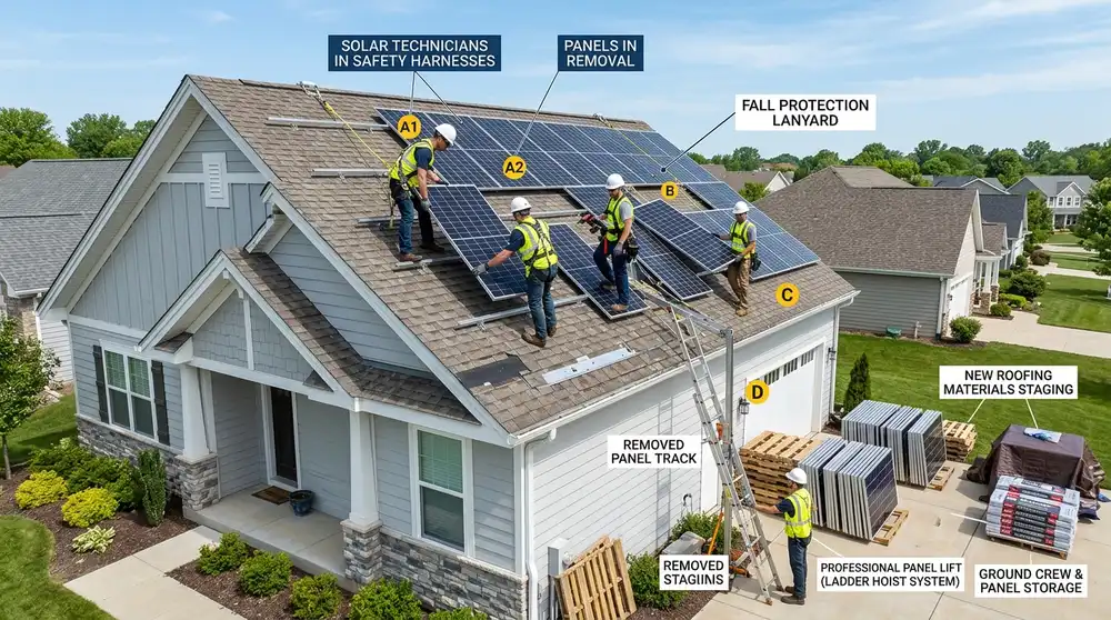 Certified solar technicians carefully detaching and removing solar panels to prepare roof for new shingles