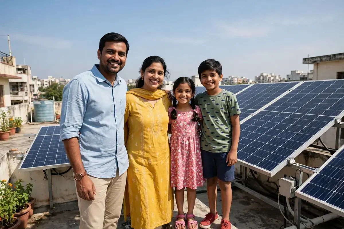 Indian family with new rooftop solar panels, financed through a solar loan in Bihar