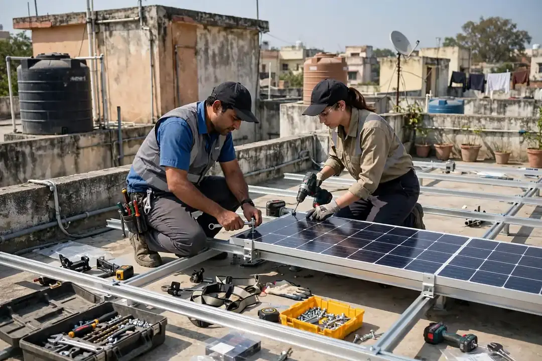 Technicians installing solar panels on an Indian rooftop, representing verified solar vendors in Bihar