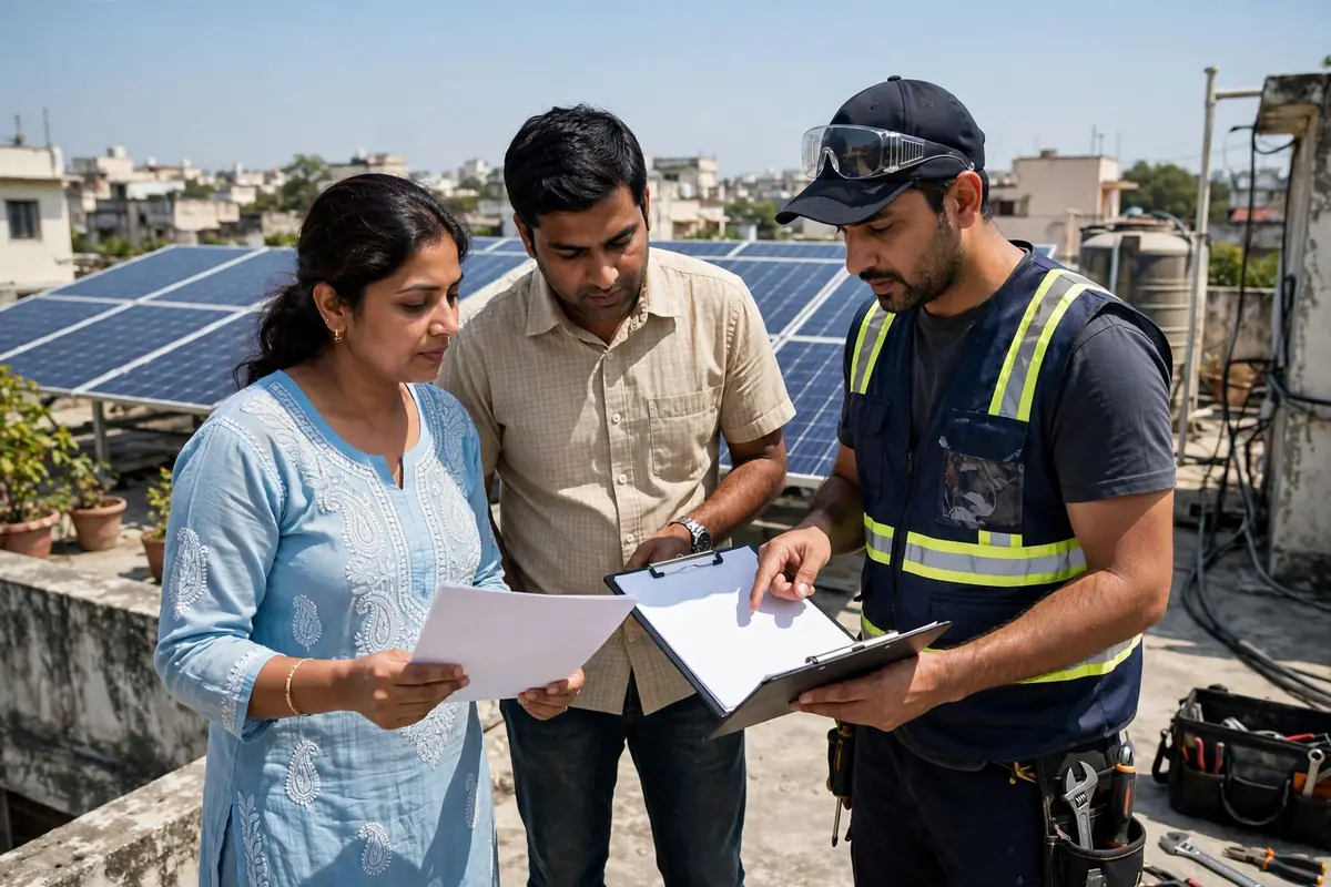 Indian family with new rooftop solar panels, financed through a solar loan in Madhya Pradesh