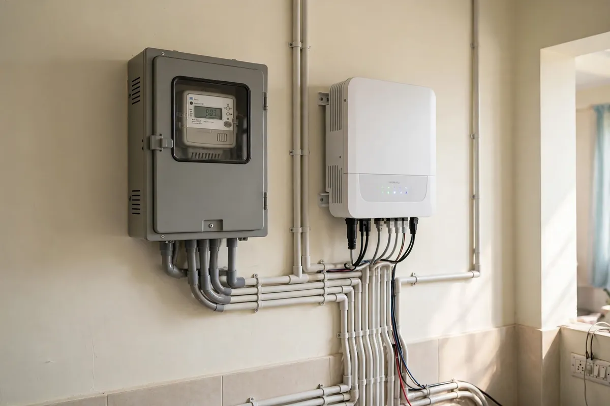 Bi-directional electricity meter on an Indian home, key to net metering in Madhya Pradesh