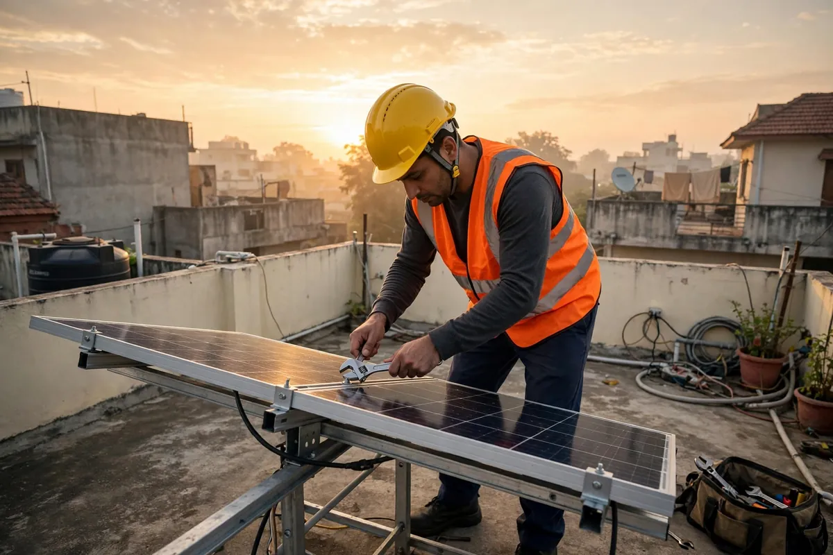 Technicians installing solar panels on an Indian rooftop, representing verified solar vendors in Madhya Pradesh