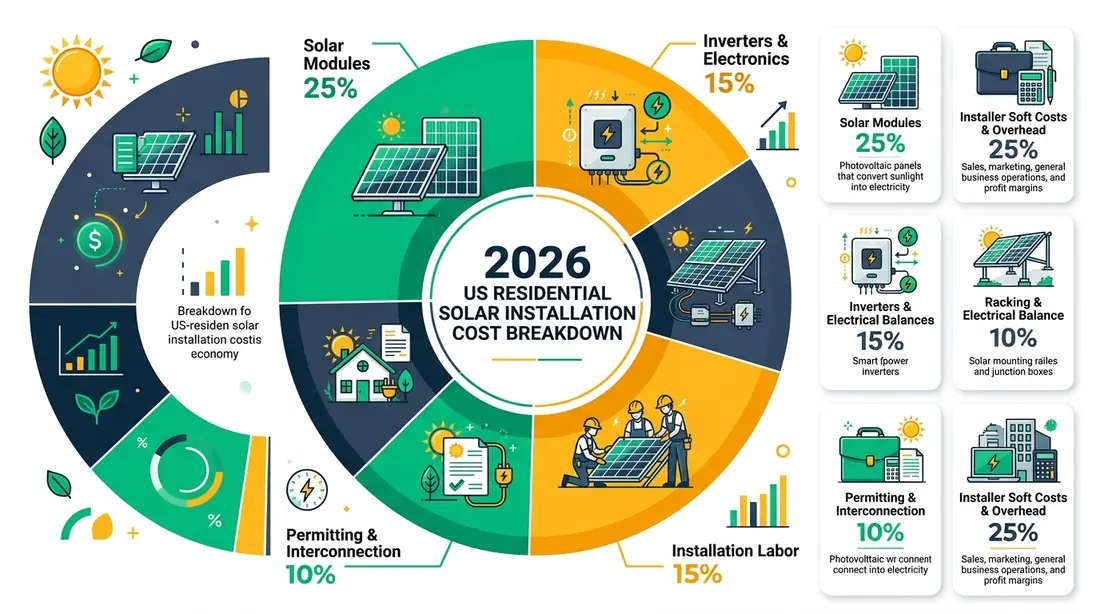 2026 US Residential Solar Installation Cost Breakdown: Solar Modules 25%, Inverters and Electronics 15%, Racking 10%, Installation Labor 15%, Permitting 10%, Installer Soft Costs and Overhead 25%