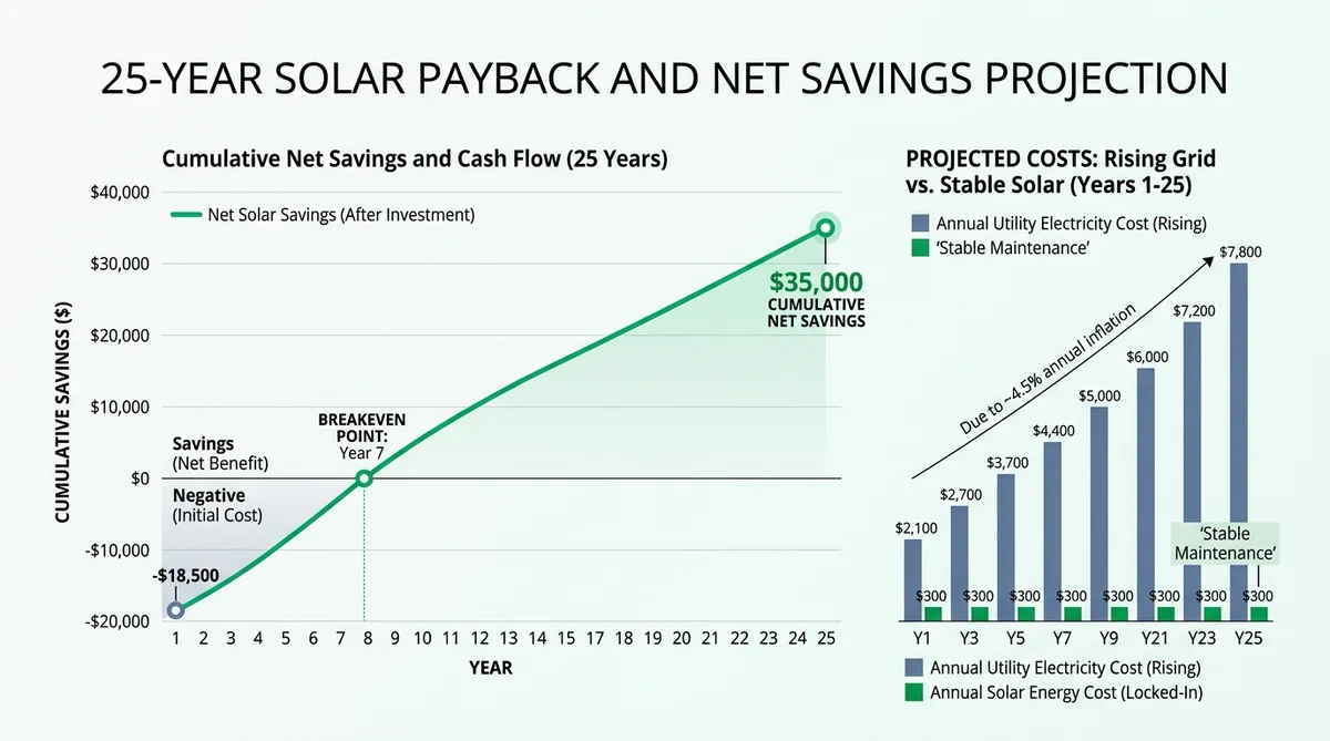 25-Year Solar Payback and Cumulative Net Savings Projection showing Year 7 breakeven point and $35,000 cumulative savings compared to rising utility inflation