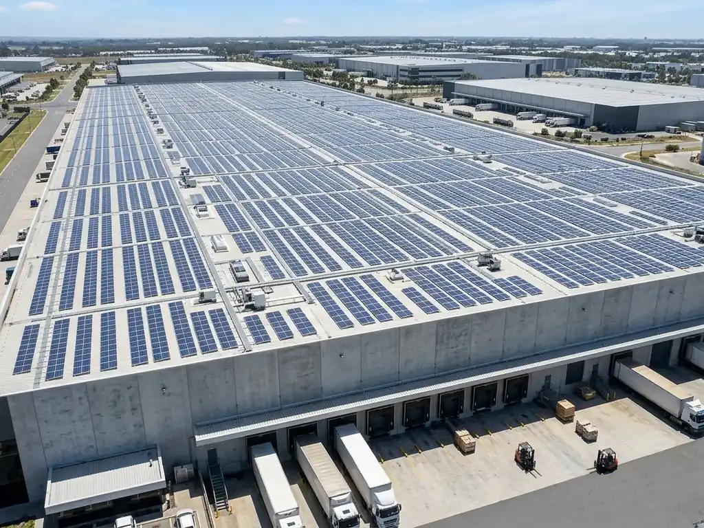 Commercial warehouse rooftop covered with solar panels under a clear sky, representing business solar investment