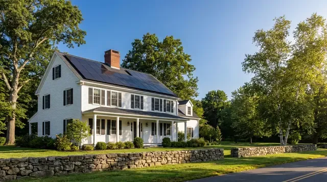 Connecticut colonial home with rooftop solar panels under the RRES program