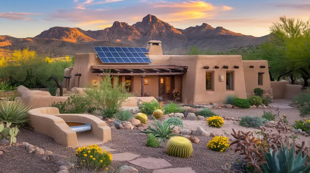 New Mexico adobe home with rooftop solar panels in the desert sun