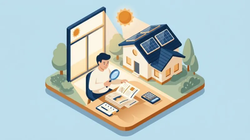Homeowner carefully reading solar installation quote paperwork with a magnifying glass on a desk